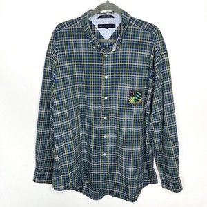 Vintage Tommy Hilfiger TH Crest Patch Blue Green Plaid Button Down Shirt XXL